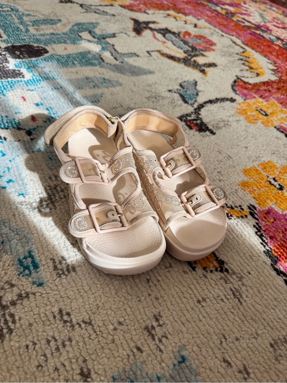 Gucci Pale Pink Leather Buckle Sandals with Glitter Accents
